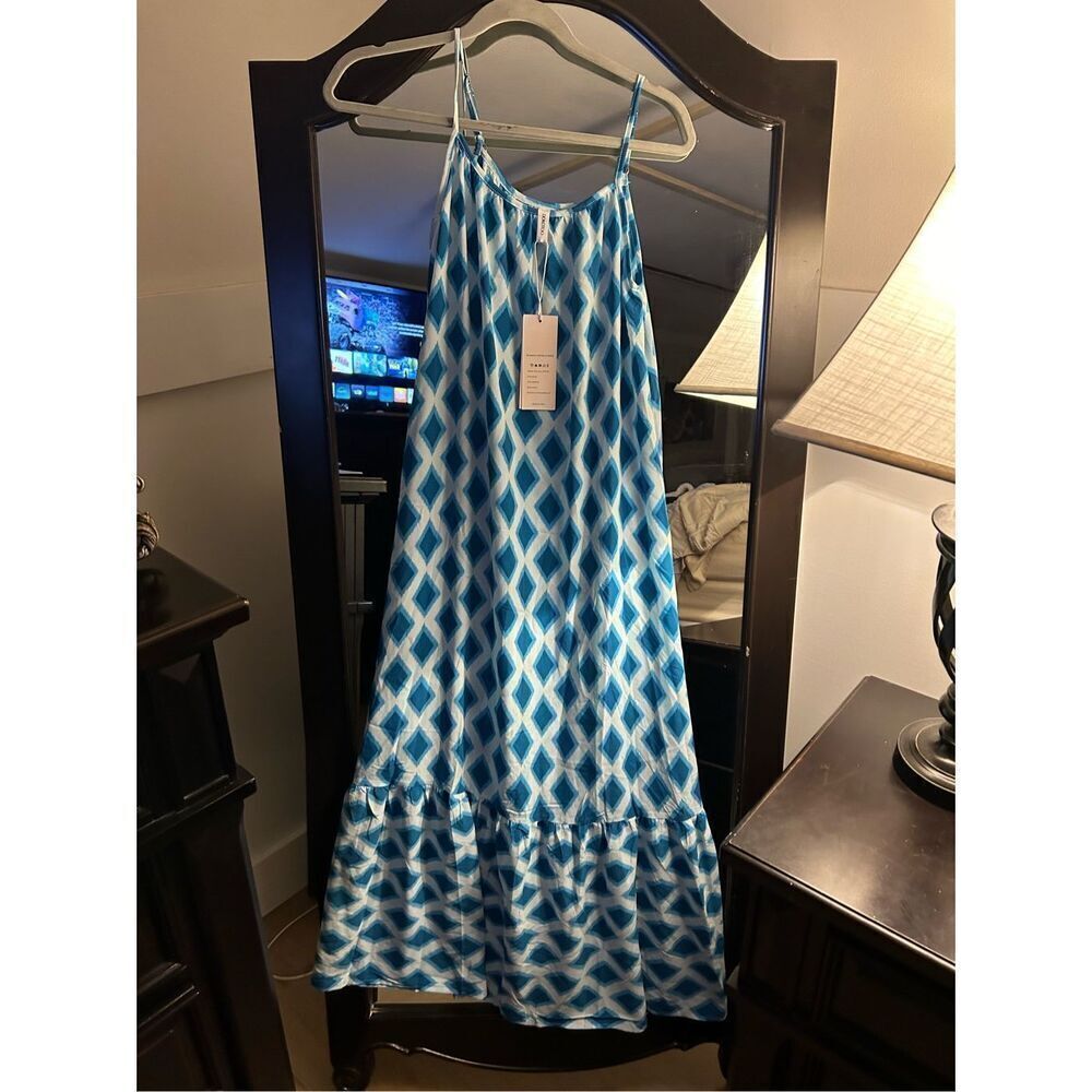 NEW Spaghetti Strap Scoop Neck Smocked Ruffle Flowy Maxi Dress S - Picture 3 of 6